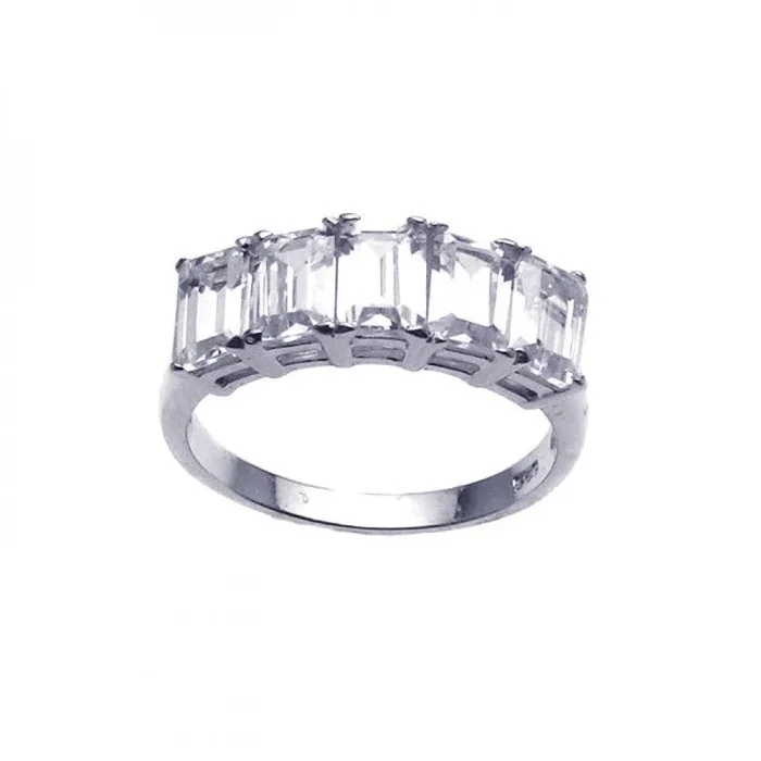 Clearance-Silver 925 Rhodium Plated Clear Baguette 5 Stone Set CZ Ring – STR00636