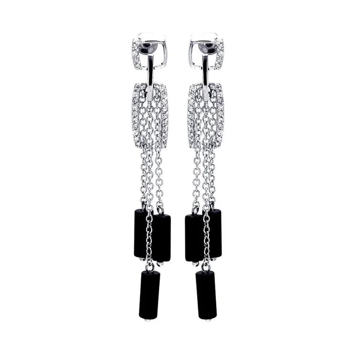 Clearance-Silver 925 Rhodium Plated Clear Black and Clear CZ Stud Dangling Earrings – BGE00022