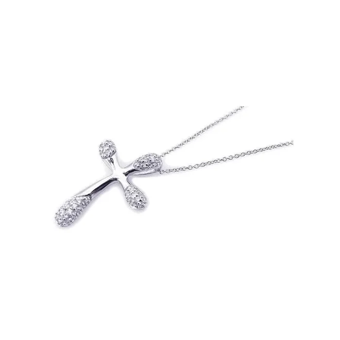 Clearance-Silver 925 Rhodium Plated Clear CZ Cross Pendant Necklace – STP00826