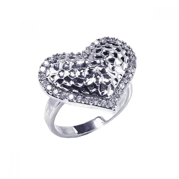 Clearance-Silver 925 Rhodium Plated Clear CZ Textured Heart Ring – STR00341