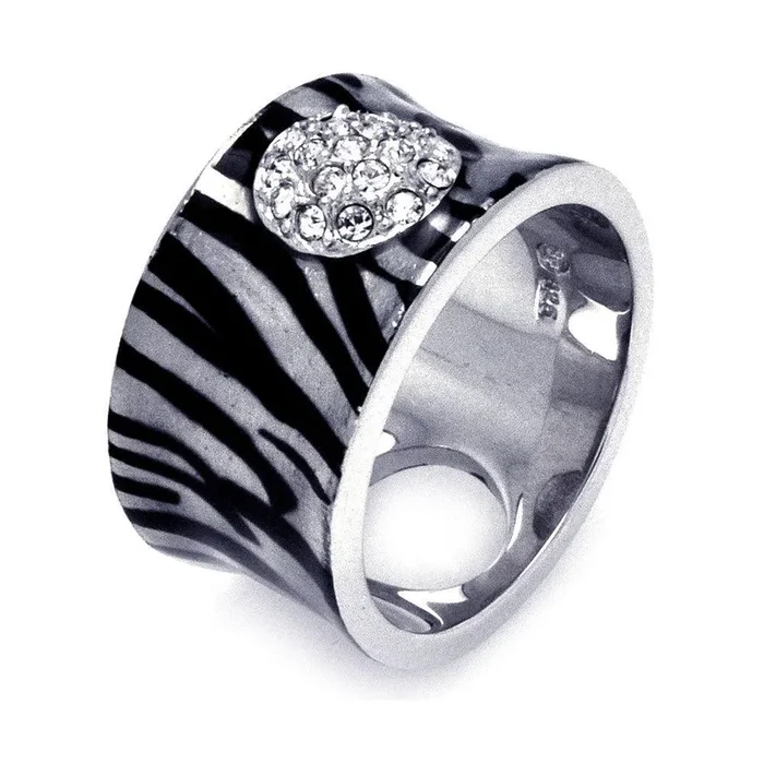 Clearance-Silver 925 Rhodium Plated Clear Pave Set CZ Zebra Print Ring – BGR00321