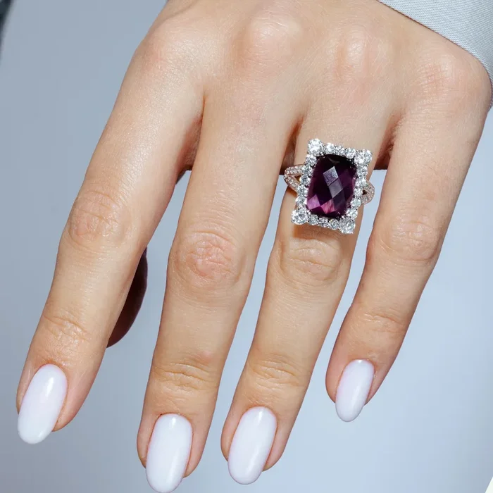 Clearance-Silver 925 Rhodium Plated Dark Red Round Square Clear Cluster CZ Ring – STR00232