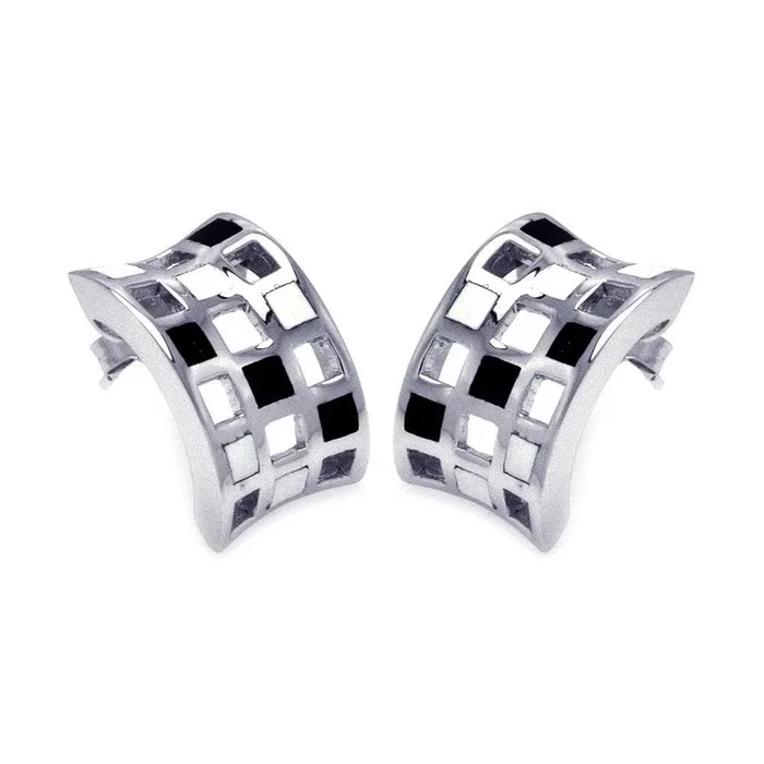 Clearance-Silver 925 Rhodium Plated Half Circle Black and Clear CZ Stud Earrings – BGE00130