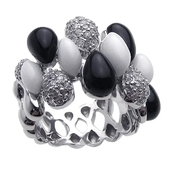 Clearance-Silver 925 Rhodium Plated Multi Shaped Onyx White Enamel Clear CZ Ring – BGR00168