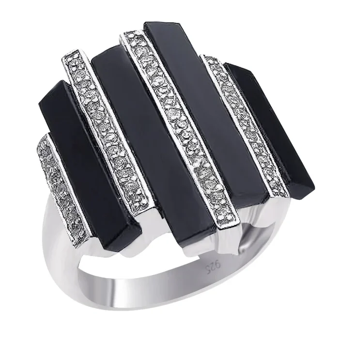 Clearance-Silver 925 Rhodium Plated Multiple Onyx Clear CZ Bars Ring – BGR00166