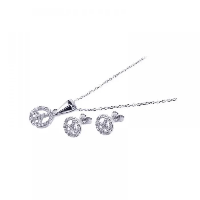 Clearance-Silver 925 Rhodium Plated Open Peace Sign CZ Stud Earring and Necklace Set – STS00157