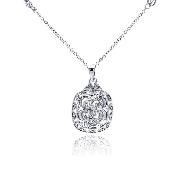 Clearance-Silver 925 Rhodium Plated Open Square Antique Clear CZ Pendant Necklace – BGN00047
