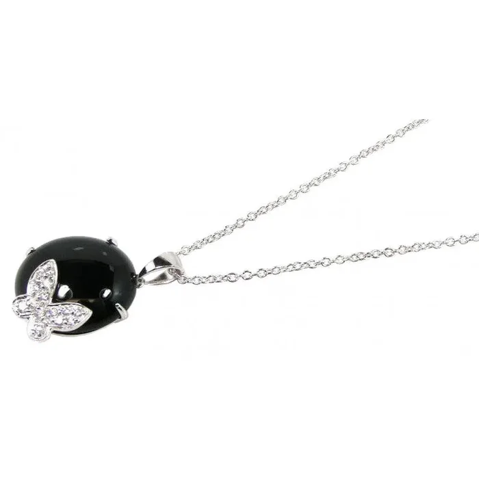 Clearance-Silver 925 Rhodium Plated Round Onyx Clear CZ Butterfly Pendant Necklace – STP00628