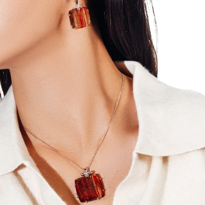Clearance-Silver 925 Rhodium Plated Sandstone Square Stud Earring and Necklace Set – BGS00123