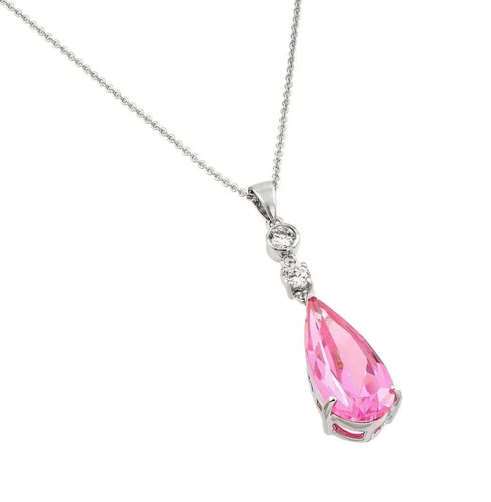 Clearance-Silver 925 Rhodium Plated Teardrop Pink CZ Dangling Necklace – BGP00810PK