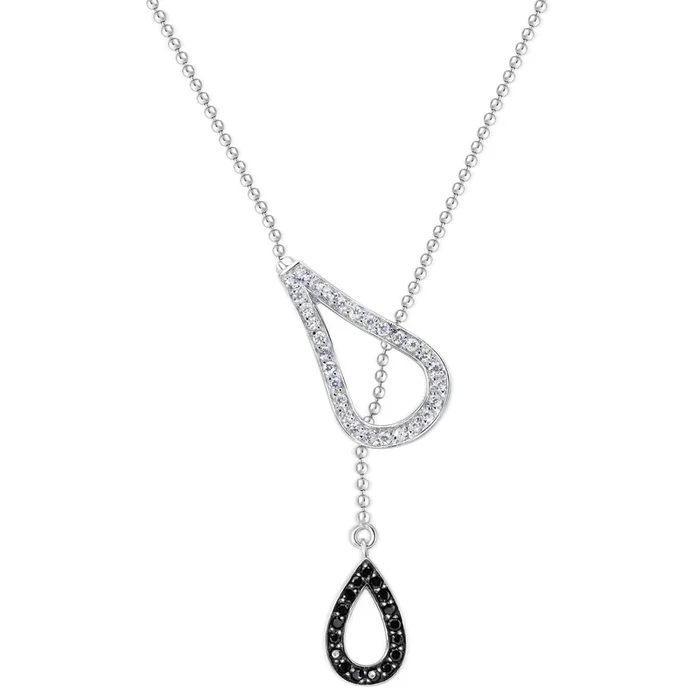 Clearance-Silver 925 Rhodium Plated Two Teardrop Black and Clear CZ Wire Dangling Necklace – STP00583