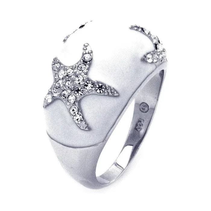 Clearance-Silver 925 Rhodium Plated White Enamel Clear CZ Starfish Dome Ring – BGR00322