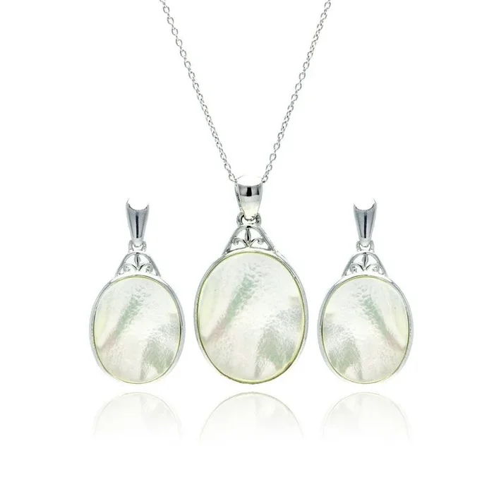 Clearance-Silver 925 Rhodium Plated White Oval Mother of Pearl CZ Dangling Stud Earring and Necklace Set – STS00370