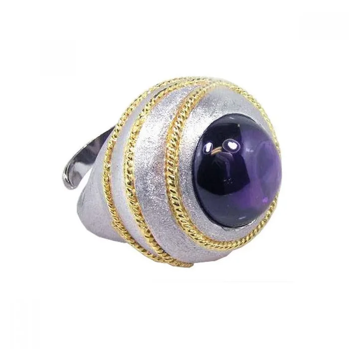 Clearance-Silver 925 Rhodium With Gold Plated Rope Purple Amethyst Dome Ring – STR00309