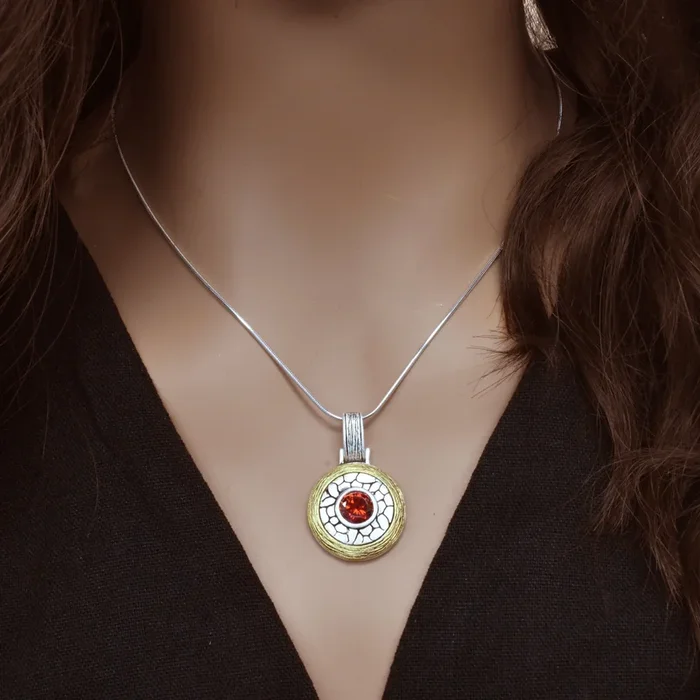 Clearance-Sterling Silver 2 Tone Red CZ Rock Medallion Pendant – SPP00048