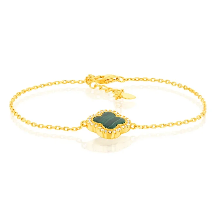 Clover Malachite & White Cubic Zirconia 20cm Bracelet in Gold Plated Silver