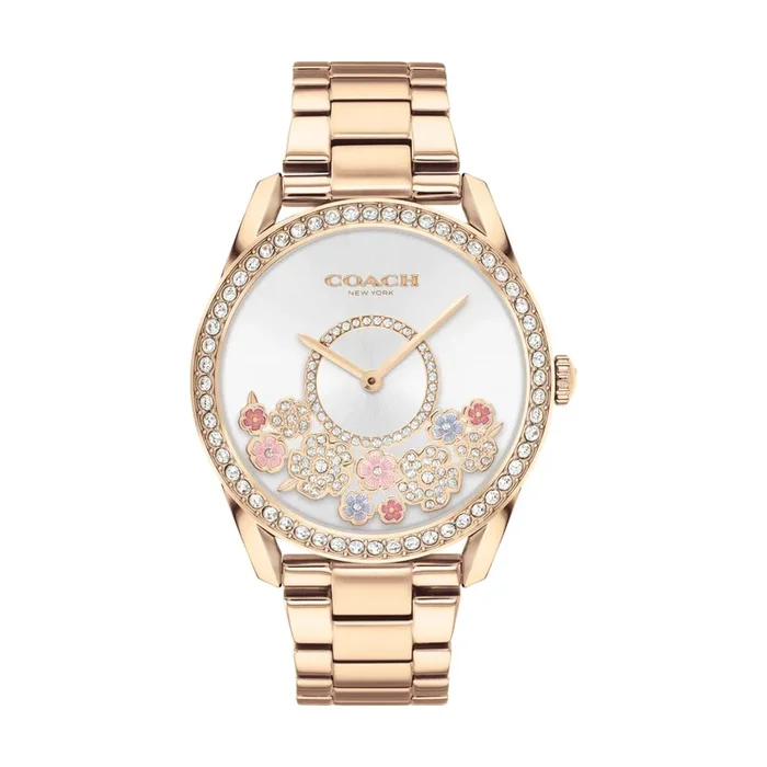 Coach Preston 36MM Crystal Flower Accent Rosetone Watch. 14503776