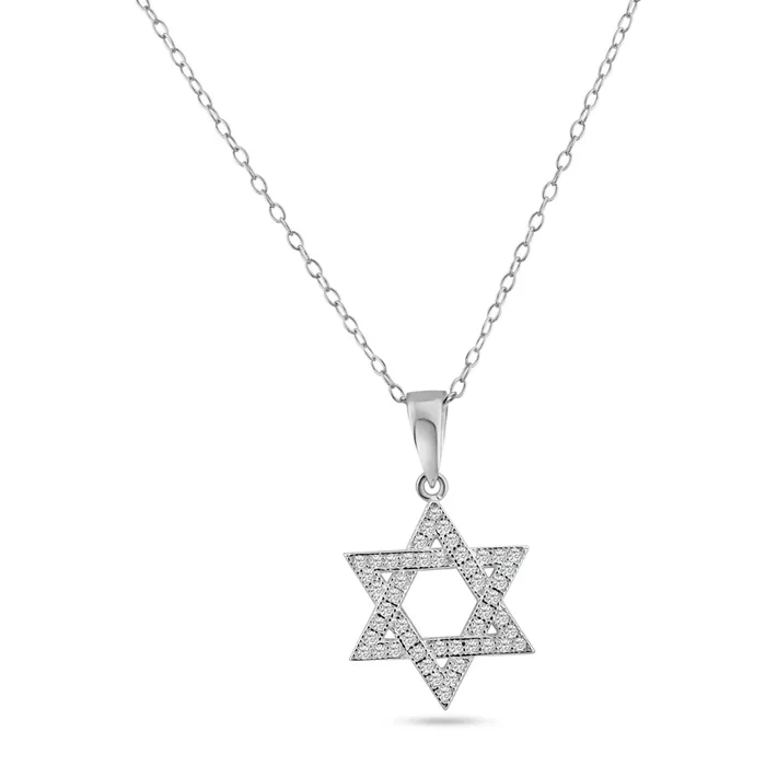 Colgante colgante con circonita cúbica y estrella hebrea abierta chapada en rodio de plata 925 – ACP00035