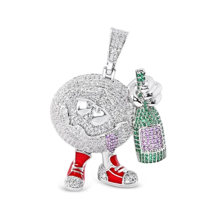 Colgante de botella de vino borracho en plata de ley 925 rodiada con circonitas verdes y moradas transparentes y esmalte rojo – SLP00395