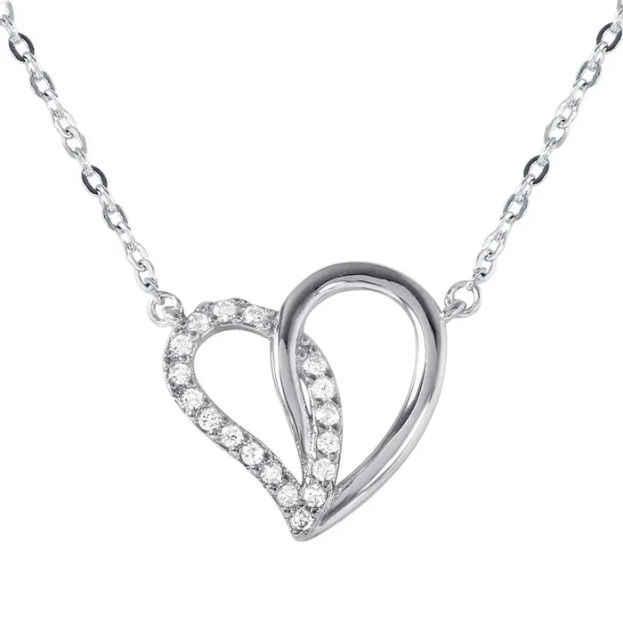 Colgante de corazón abierto doble de plata 925 con collar con detalles de circonita – BGP01028