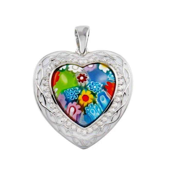 Colgante de corazón de cristal de Murano con circonita cúbica en plata de ley 925 rodiada – MP00004