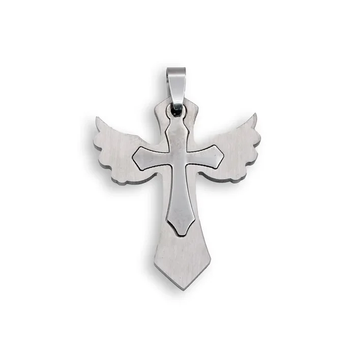 Colgante de cruz alada de acero inoxidable rodiado – SSP00033