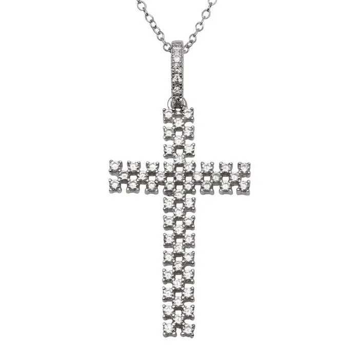 Colgante de cruz con circonita cúbica abierta fina chapada en rodio de plata 925 – ACP00094RH