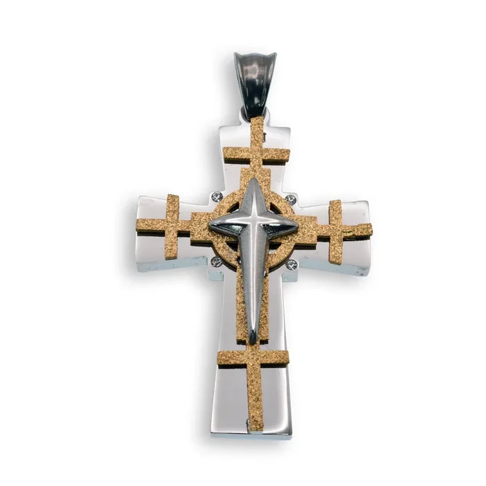 Colgante de cruz de acero inoxidable bicolor con baño de rodio y brillo dorado – SSP00483