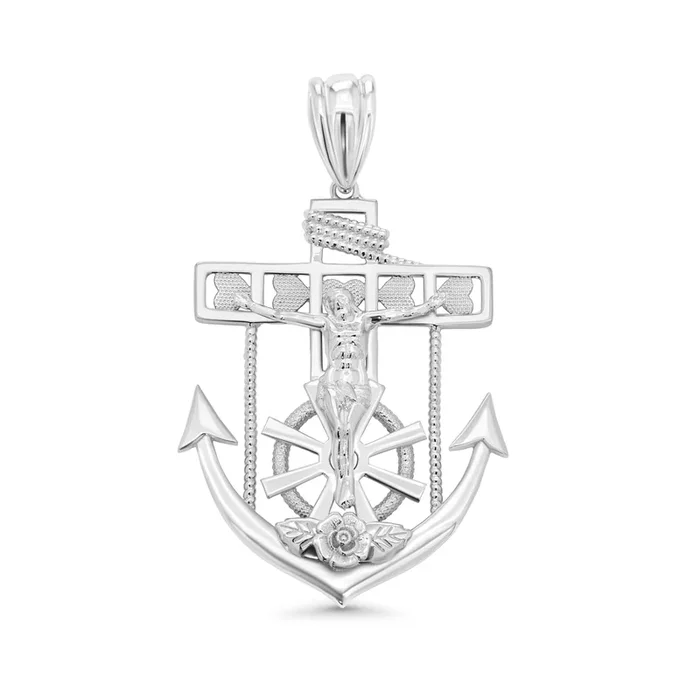 Colgante de cruz de ancla marinera de plata de ley 925 rodiada (40,1 mm x 51,7 mm) – GMP00178