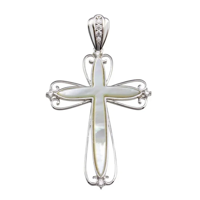 Colgante de cruz de nácar y circonitas cúbicas en plata de ley 925 rodiada – GMP00027