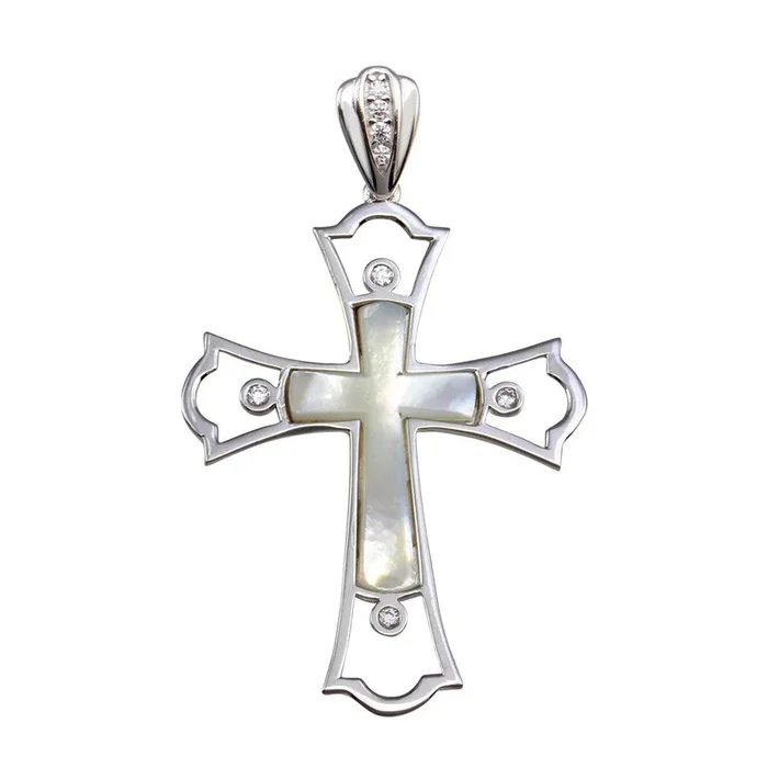 Colgante de cruz de plata de ley 925 rodiada con circonitas cúbicas y nácar – GMP00029