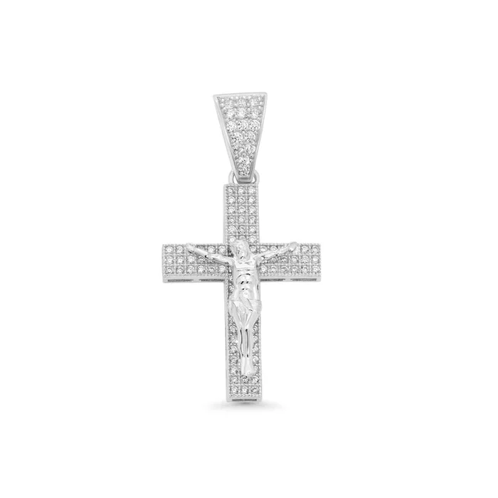Colgante de cruz de plata de ley 925 rodiada con circonitas transparentes de 18,4 mm x 25,5 mm – GMP00179