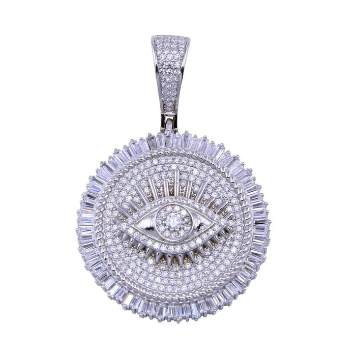 Colgante de disco con ojo de circonita incrustada en plata de ley 925 rodiada – SLP00335