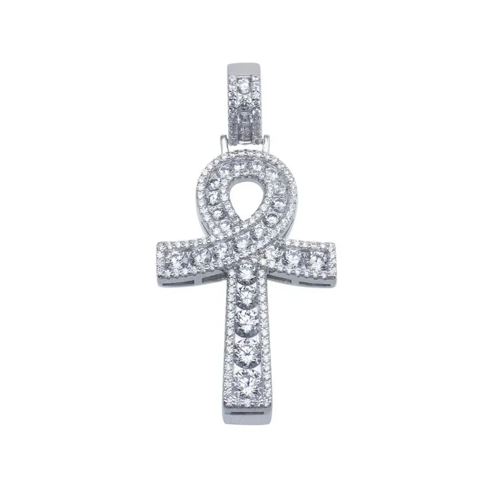 Colgante de Hip Hop con cruz egipcia Ankh con incrustaciones de circonita chapada en rodio de plata 925 – SLP00107