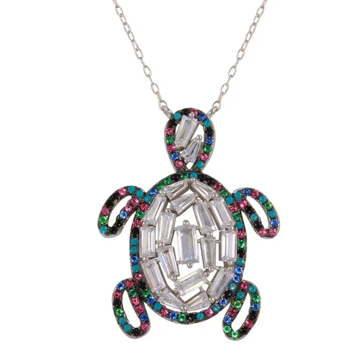 Colgante de tortuga multicolor con circonita cúbica en plata de ley 925 rodiada – STP01608