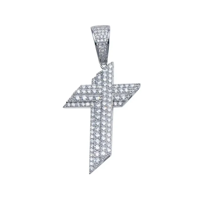 Colgante hip hop con cruz en ángulo y circonitas cúbicas en plata de ley 925 rodiada – SLP00105