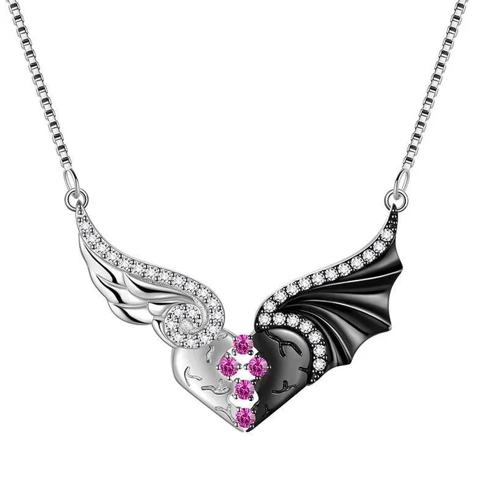 Collana con ciondolo a forma di cuore con ali di angelo e diavolo, gioielli da donna, regalo per ragazze, argento sterling 925