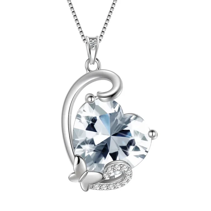 Collana con ciondolo a forma di cuore con pietra portafortuna di aprile, ciondolo a forma di farfalla, diamanti, argento sterling 925, gioielli da sposa, regalo per donne, compleanno, San Valentino