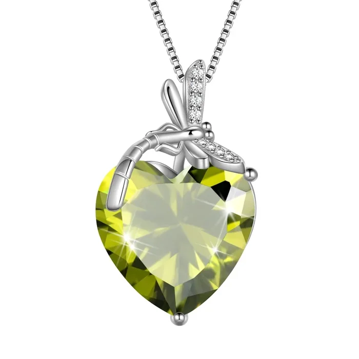 Collana con libellula, cuore, pietra portafortuna di agosto, peridoto verde, zirconi cubici, ciondolo in argento sterling 925, gioielli da donna, regalo di compleanno, Natale, festa della mamma