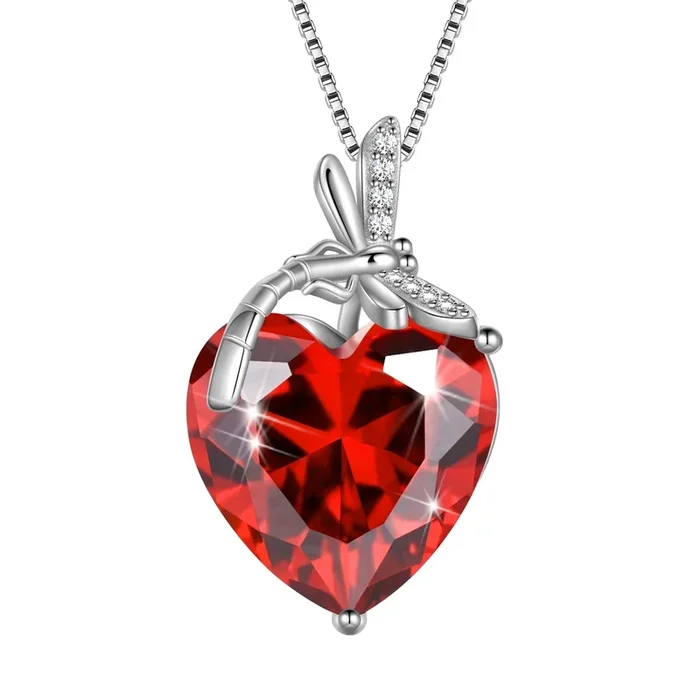 Collana con libellula, cuore, pietra portafortuna di gennaio, ciondolo in argento sterling 925 con granato e zirconi cubici, gioielli rossi per donne, regali di compleanno, Natale e festa della mamma
