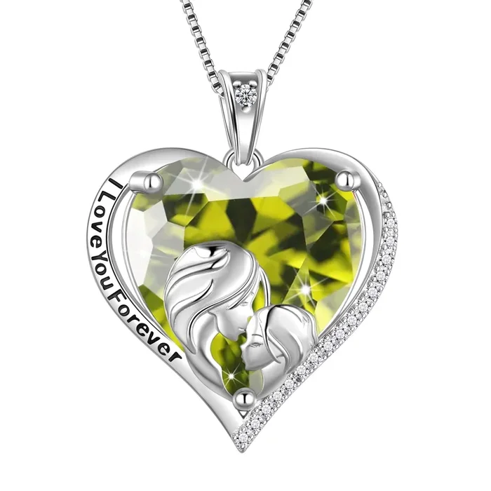 Collana da donna a forma di cuore per madre, figlia e sorella, in argento sterling 925 con ciondolo in peridoto verde, pietra portafortuna, regalo di Natale, agosto, compleanno, festa della mamma