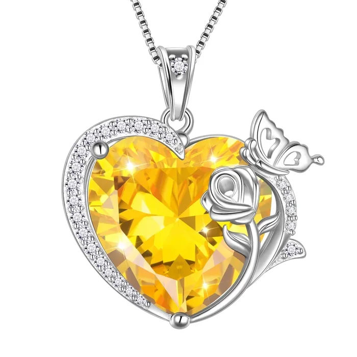 Collana da donna con ciondolo a forma di farfalla, rosa, fiore e cuore, pietra portafortuna di novembre, citrino giallo, gioielli in argento sterling 925, regalo di compleanno per la mamma, Natale
