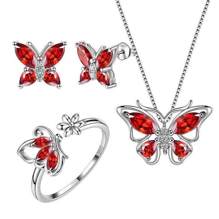 Collana da donna con farfalla, orecchini, anello, set di gioielli, regalo di compleanno con pietra portafortuna, argento sterling 925