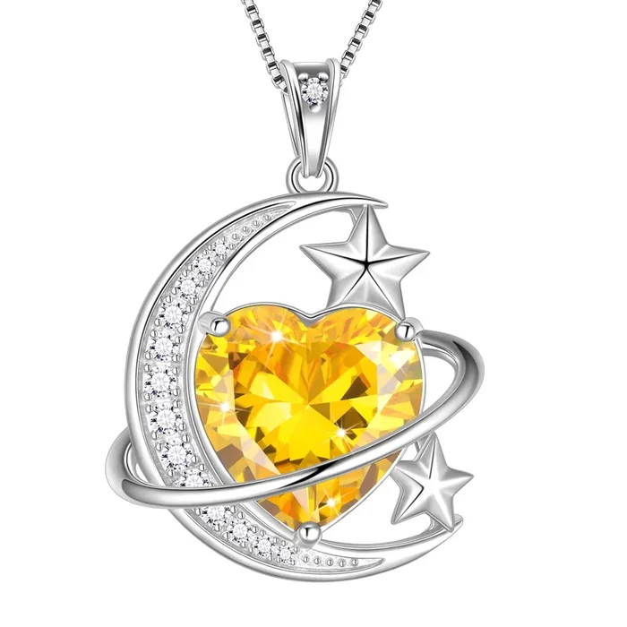 Collana da donna con luna e stella da 13 mm, ciondolo a forma di cuore con pietra portafortuna di novembre, collana in argento sterling 925 con sole e luna, citrino giallo, regalo di Natale per San Valentino e festa della mamma