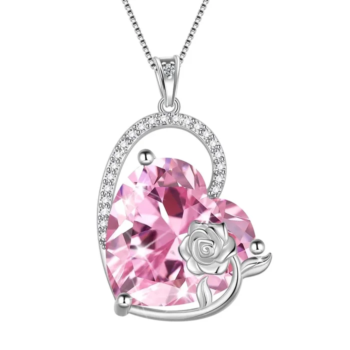 Collana da donna in argento sterling 925 con cuore da 15 mm, pietra portafortuna del mese di ottobre, tormalina, ciondolo a forma di rosa rosa, regalo per la mamma, Natale e San Valentino