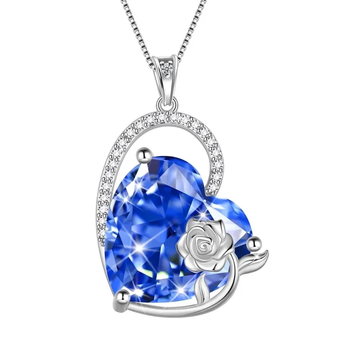 Collana da donna in argento sterling 925 con cuore da 15 mm, pietra portafortuna di dicembre, tanzanite blu, ciondolo a forma di rosa, regalo di Natale, compleanno, San Valentino per lei