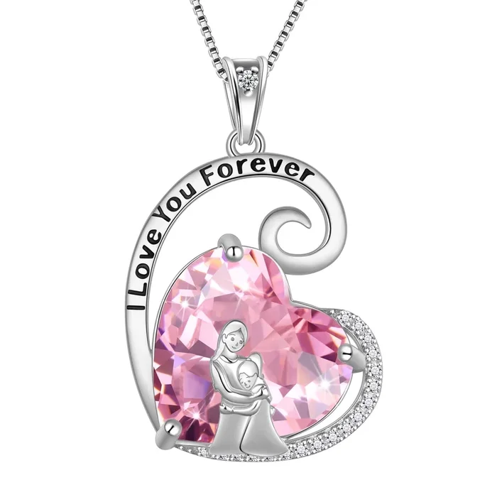 Collana madre-figlia in argento sterling 925 con ciondolo a forma di cuore rosa in tormalina e pietra portafortuna di ottobre, regalo di Natale e compleanno per donne e mamma