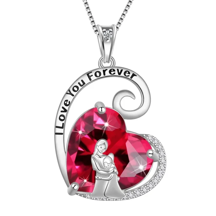 Collana madre figlia in argento sterling 925 con ciondolo a forma di cuore rosso e rubino con pietra portafortuna di luglio, regalo per donne, compleanno, Natale e festa della mamma