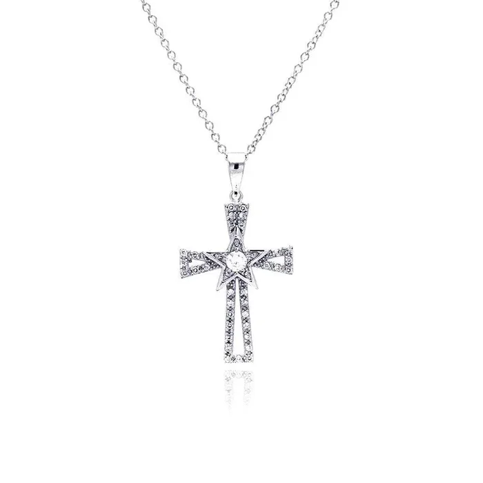 Collar con circonita abierta y cruz chapada en rodio de plata 925 – BGP00376