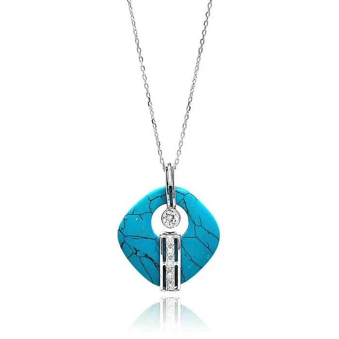 Collar con circonita cúbica y círculo central de piedra cuadrada abierta, turquesa, chapado en rodio, plata 925 – BGP00644
